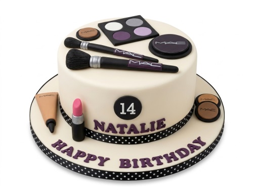 Cream birthday cake with makeup decorations, custom age topper, and personalised message.