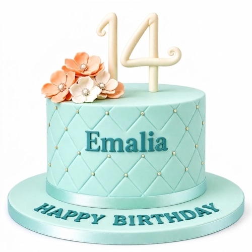 Mint green round birthday cake with peach and white sugar flowers, quilted pattern, and a custom age topper.
