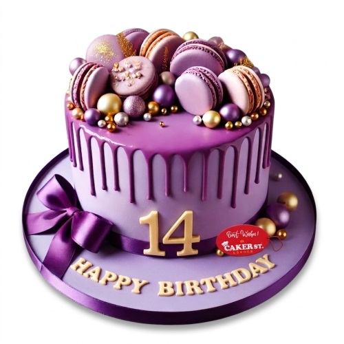 Purple drip birthday cake decorated with macarons, gold and silver edible pearls, and a custom age topper.