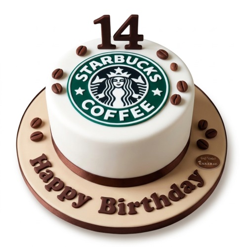 Round white birthday cake with Starbucks logo, coffee beans, brown ribbon, and custom age topper.