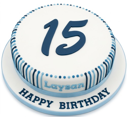 Round white birthday cake with large blue number, blue stripes, and personalised name and message.