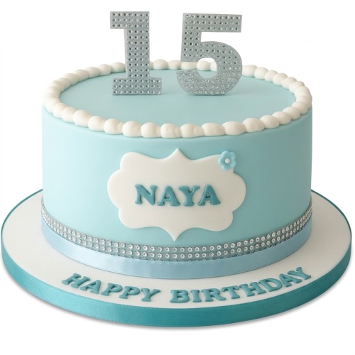 Elegant light blue round birthday cake with white beaded border, rhinestone ribbon, custom age toppers, and a personalised name plaque.