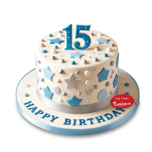 Round white birthday cake with blue and silver stars, edible pearls, and a custom age topper.