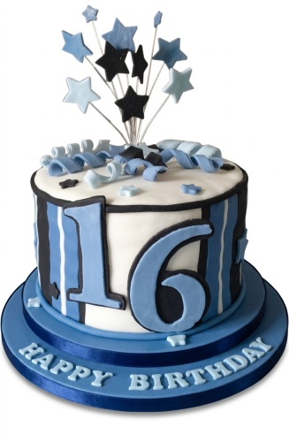 Round blue and white striped birthday cake with star toppers and a customisable age number.