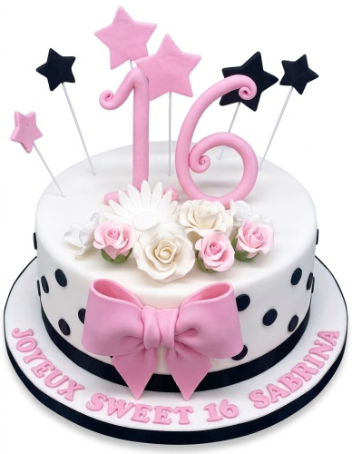 White 16th birthday cake with pink numbers, stars, sugar flowers, black polka dots, and a large pink bow.