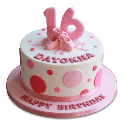 Round white birthday cake with pink ballet shoes, glittery number topper, and pink polka dots.
