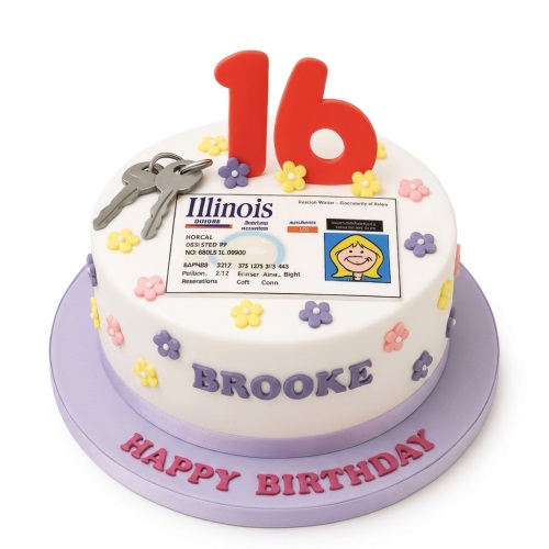 White round driving theme birthday cake with red custom age topper, edible keys, and sugar flowers.