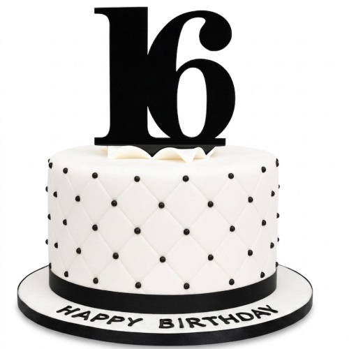 White quilted birthday cake with black edible pearls, a black ribbon, and a custom age topper.