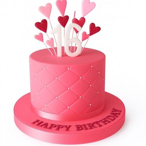 Pink quilted birthday cake with heart toppers and custom age number.