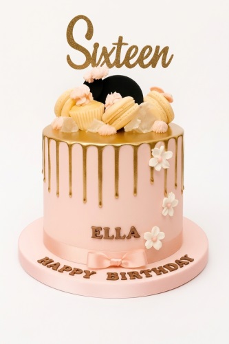 Pink and gold drip birthday cake with macarons, flowers, and custom age topper.