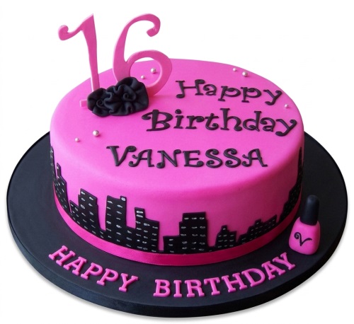 Pink round birthday cake with black city skyline, custom age topper, and nail polish decoration.