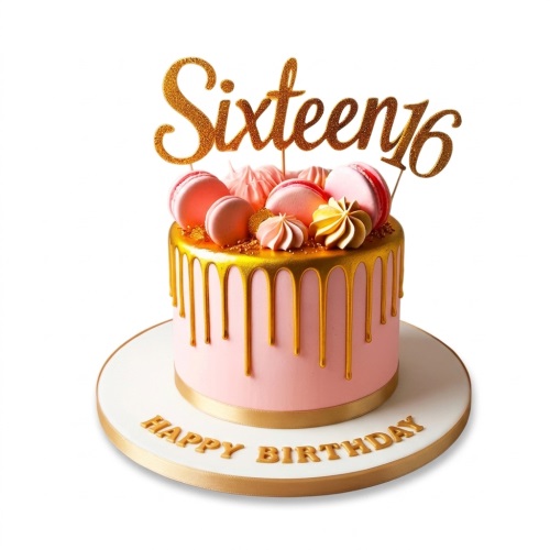 Pink and gold drip birthday cake with macarons, meringues, and custom age topper.