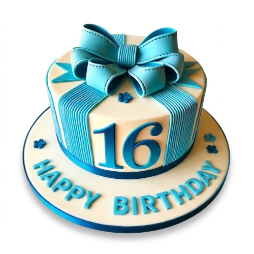 Blue gift box birthday cake with a large bow, blue ribbons, and a customisable 'Happy Birthday' message.