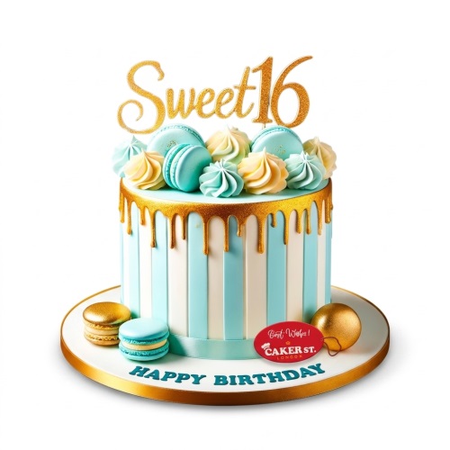 Sweet 16 birthday cake with blue and white stripes, gold drip, macarons, and a gold "Sweet 16" topper.