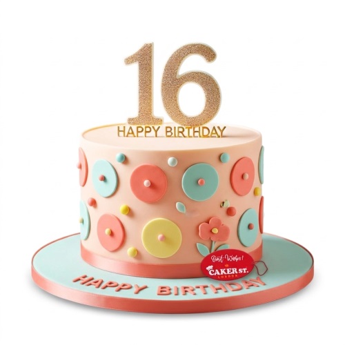 Round pastel birthday cake with polka dots, a small flower, and a gold custom age topper.