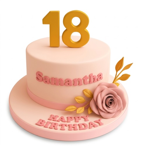 Pink floral birthday cake with a gold number topper, pink rose, and gold leaves.