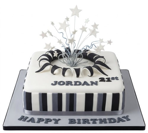 Square white birthday cake with black and grey stripes, silver starburst topper, and custom name and age.