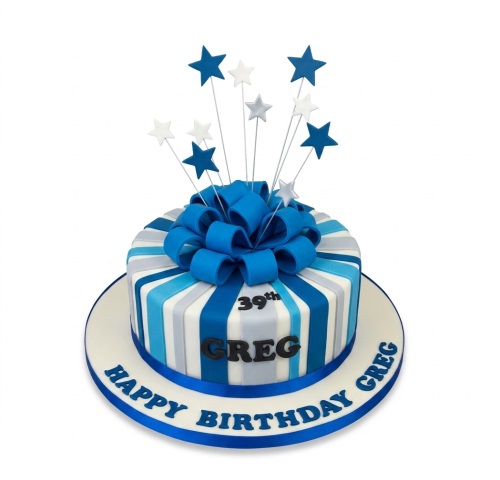 Round striped birthday cake with a blue bow, star toppers, and custom age and name.