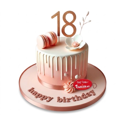 Elegant pink drip birthday cake with floral decoration, macarons, and custom age topper.