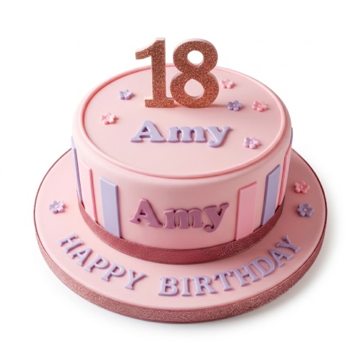Pink birthday cake with lilac stripes, small flowers, rose gold glitter custom age topper and personalised name.