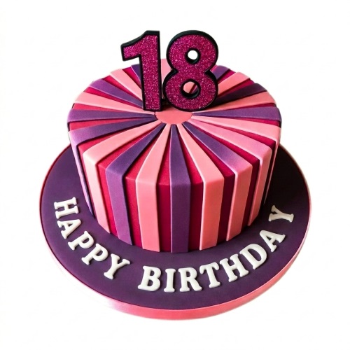 Round birthday cake with vibrant pink and purple stripes, featuring a glittery custom age topper and 'Happy Birthday' message.