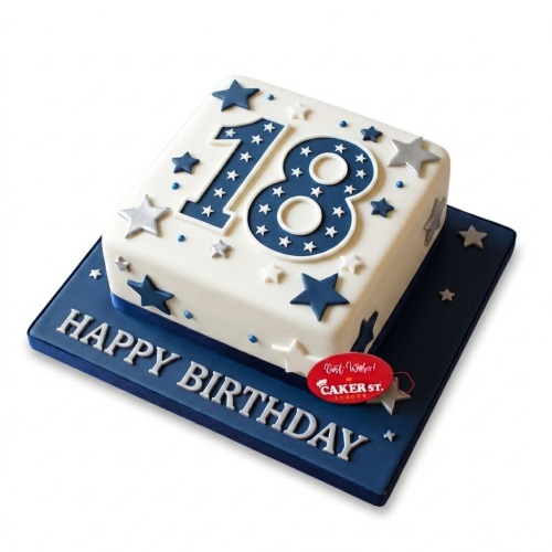 Square 18th birthday cake with blue and silver stars on a white fondant base and blue board.