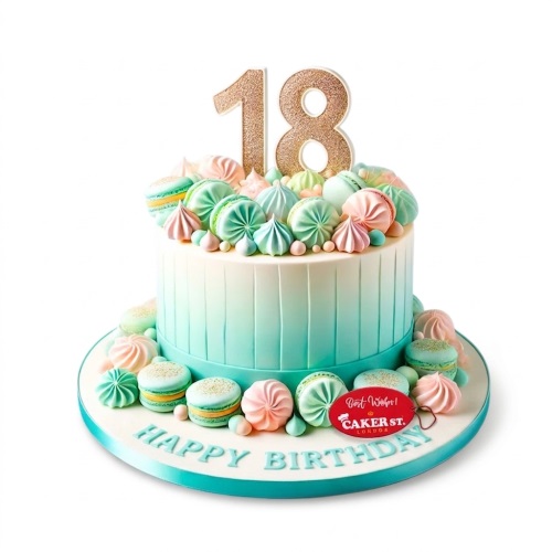 Round pastel ombre birthday cake with macarons, meringues, and a custom age topper.