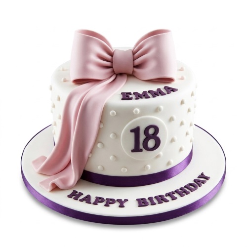 White birthday cake with a large pink fondant bow, white polka dots, and purple ribbon.