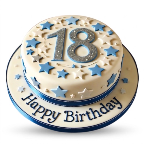 Round white birthday cake with blue and white stars, silver glitter custom age number, and blue ribbon.