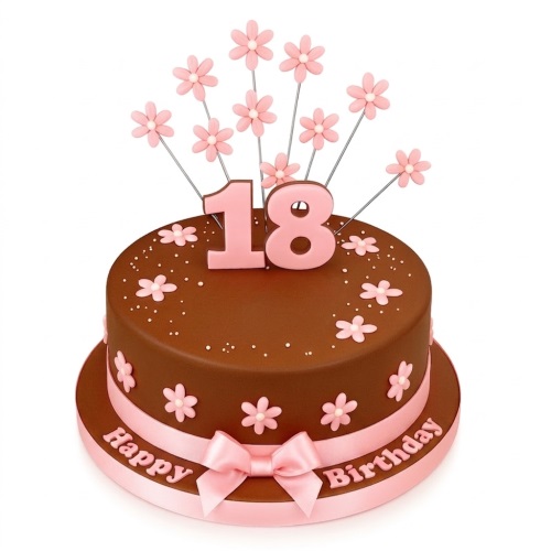 Round brown birthday cake with pink sugar flowers, white sprinkles, pink ribbon, and a custom age topper.
