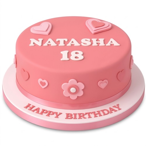 Round pink birthday cake with white hearts and flowers, featuring a custom age and personalised name.