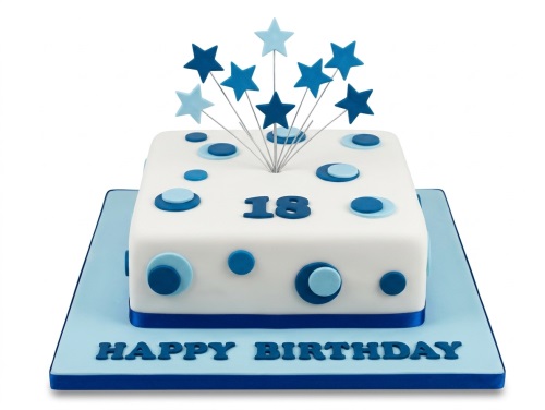 White square birthday cake with blue circles and star toppers, with a custom age and 'Happy Birthday' message.