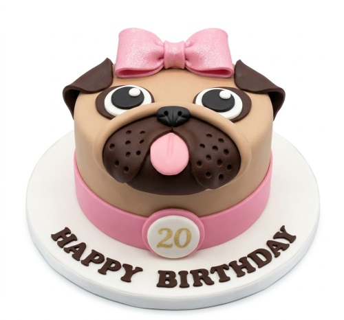 Round pug dog birthday cake with a pink bow, collar, and custom age plaque.