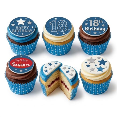 Blue and white star-themed birthday cupcakes with custom age and Happy Birthday toppers.