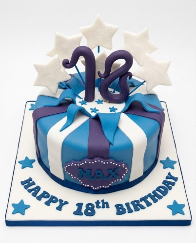 Blue and purple birthday cake with white stars and custom age topper.