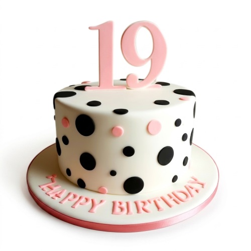 White birthday cake with black and pink polka dots and a pink custom age topper.