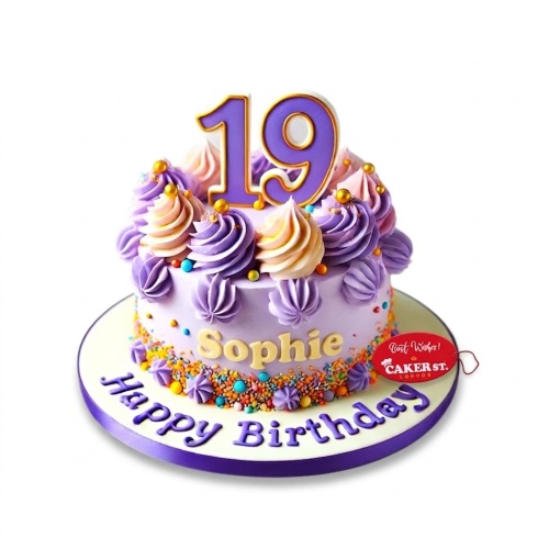 Round purple birthday cake with buttercream swirls, colourful sprinkles, and a custom age topper.
