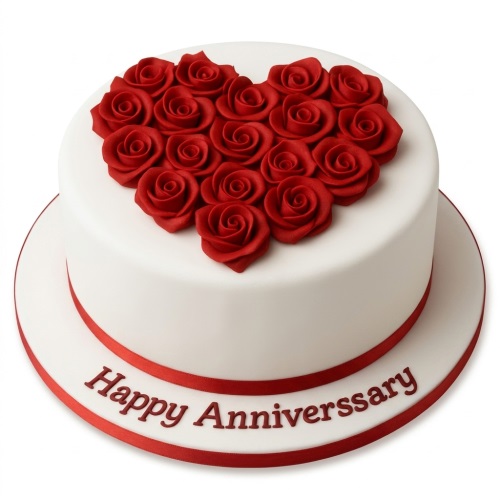 White anniversary cake with red fondant roses in a heart shape and a "Happy Anniversary" message.