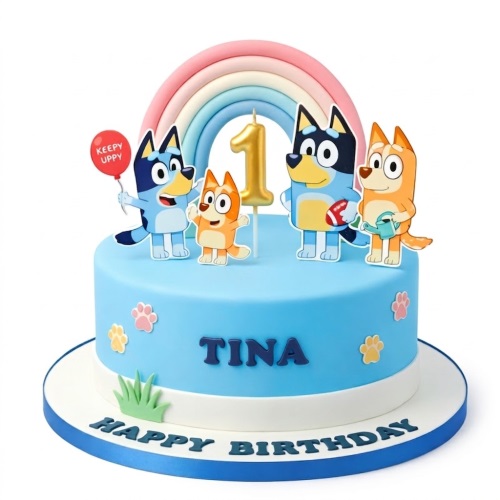 Bluey family birthday cake with rainbow, paw prints, custom age topper, and personalised name.