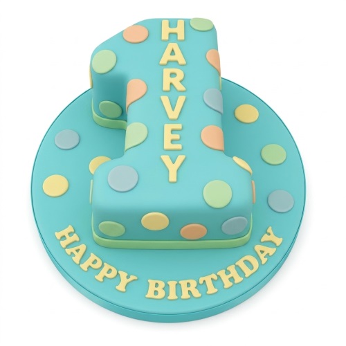 Number 1 birthday cake with pastel polka dots and a custom message area.
