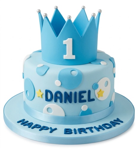 Two-tier blue 1st birthday cake with a crown topper, bubbles, and a customisable name.