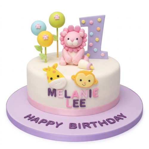 White 1st birthday cake with pink lion, giraffe, monkey, number 1 topper, and personalised name.