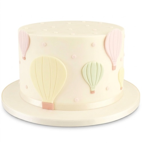 Round cream cake decorated with pastel pink, yellow, and green hot air balloons and small dots.