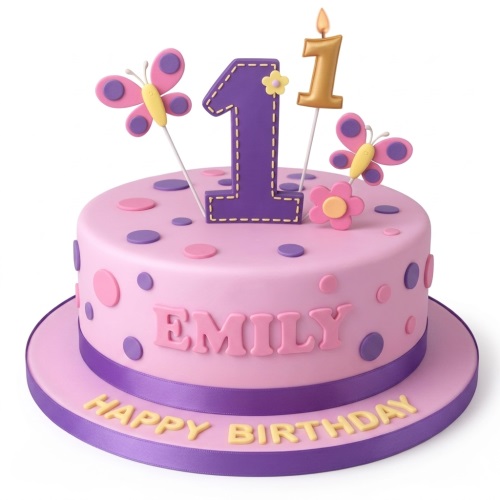 Pink and purple 1st birthday cake with butterfly toppers, polka dots, and a number one candle.