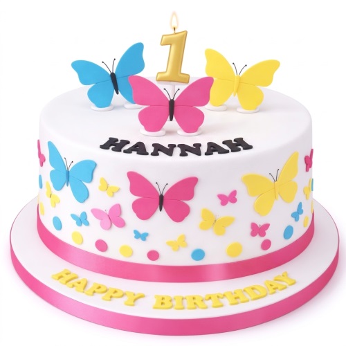 White round birthday cake with pink, blue, and yellow butterfly decorations, custom name, and age candle.