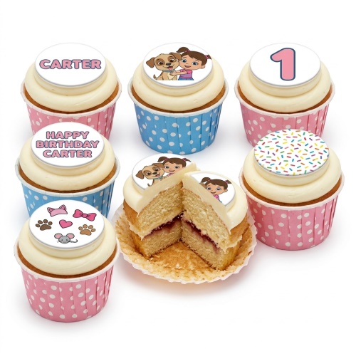 Doc McStuffins themed birthday cupcakes with white frosting, pink and blue polka dot cases, custom age topper, and personalised name.