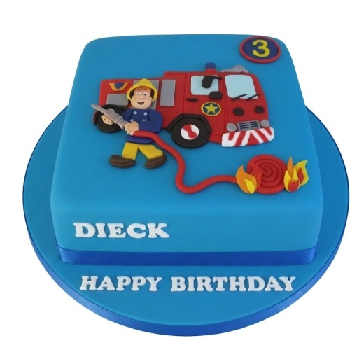 Blue square birthday cake with a red fire engine, Fireman Sam figure, fire hose, and flames.