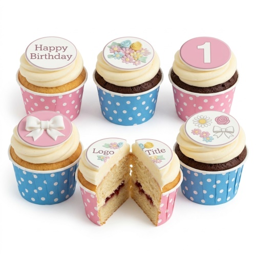 Six cupcakes with white buttercream, pink and blue polka dot cases, and edible toppers featuring flowers, a bow, 'Happy Birthday' text, and the number '1'.