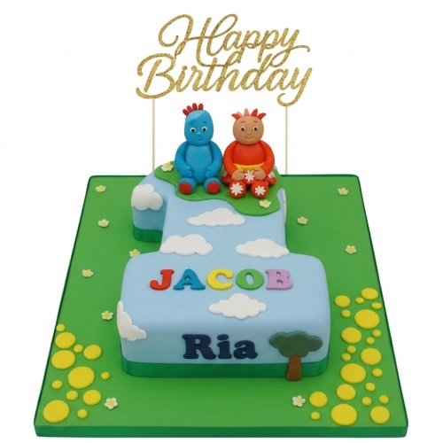 Number 1 shaped birthday cake with In The Night Garden characters, clouds, and a 'Happy Birthday' topper.