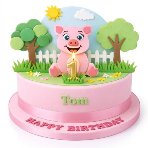 Pink round birthday cake with a 3D pig, trees, fence, and a custom age candle.